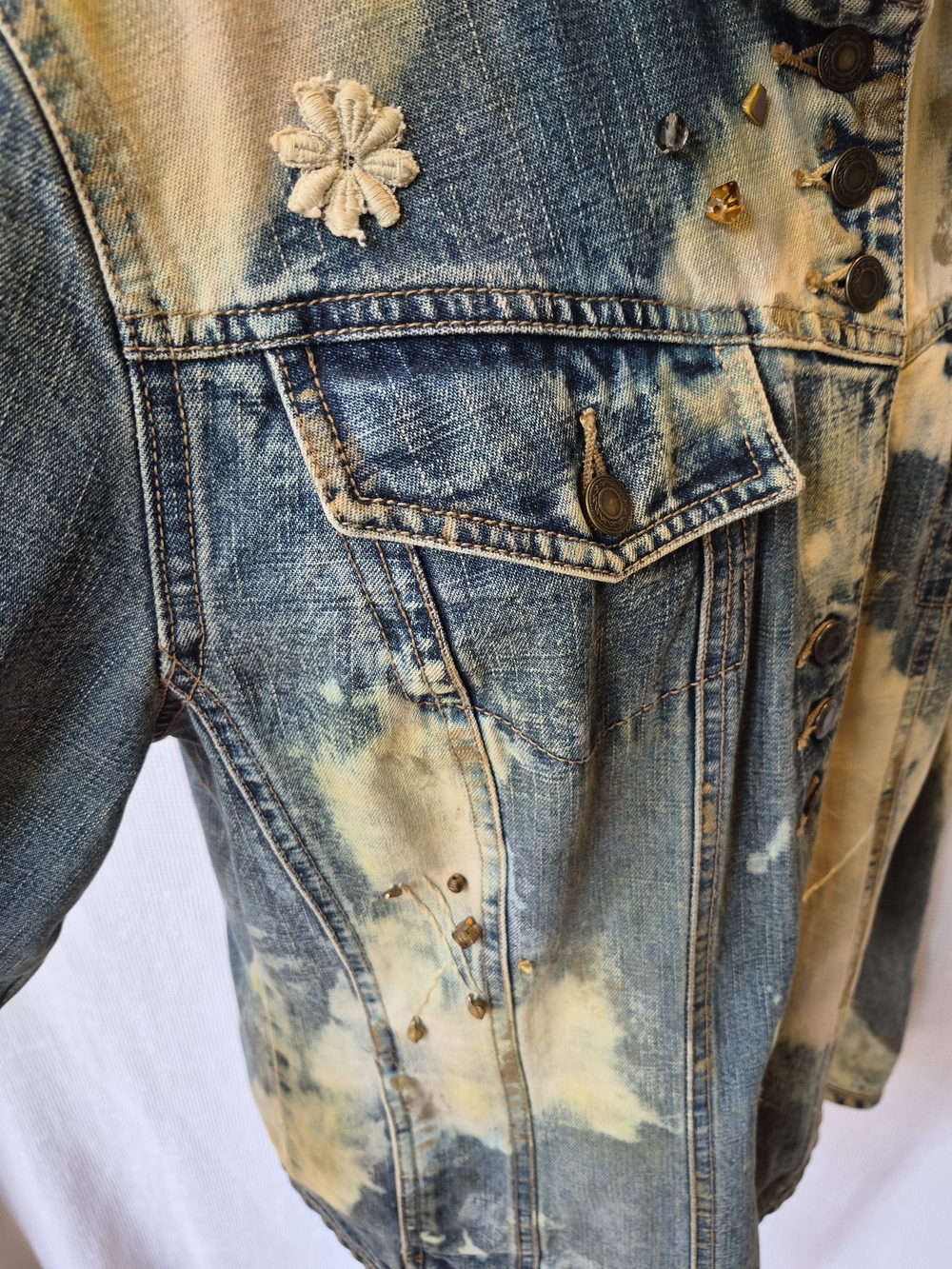 Upcycled Y2K Blue and Cream Embellished Denim Jacket - Picture 5 of 16